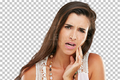 Buy stock photo Isolated woman, hand and toothache in portrait with dental problem, stress or oral injury transparent png background. Lady, frustrated face and pain in teeth, mouth or jaw for healthcare emergency