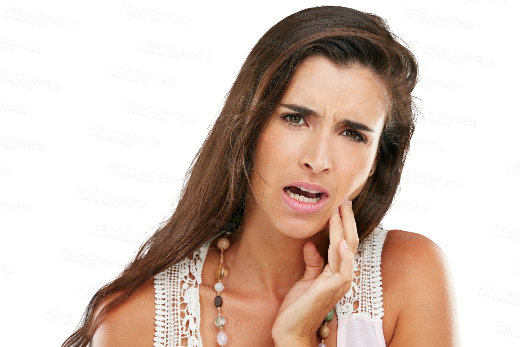 Buy stock photo Isolated woman, hand and toothache in portrait with dental problem, stress or oral injury transparent png background. Lady, frustrated face and pain in teeth, mouth or jaw for healthcare emergency