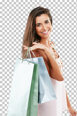 Buy stock photo Shopping bag, portrait and happy woman for fashion discount, wealth or promotion isolated on transparent, png background. Gift, giveaway and face of customer, model or person in USA for clothes sale