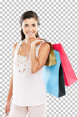 Buy stock photo Shopping bag, fashion and woman in portrait for sale or discount isolated on transparent, png background. Gift, giveaway and happy customer, model or person in USA with wealth for retail or clothes