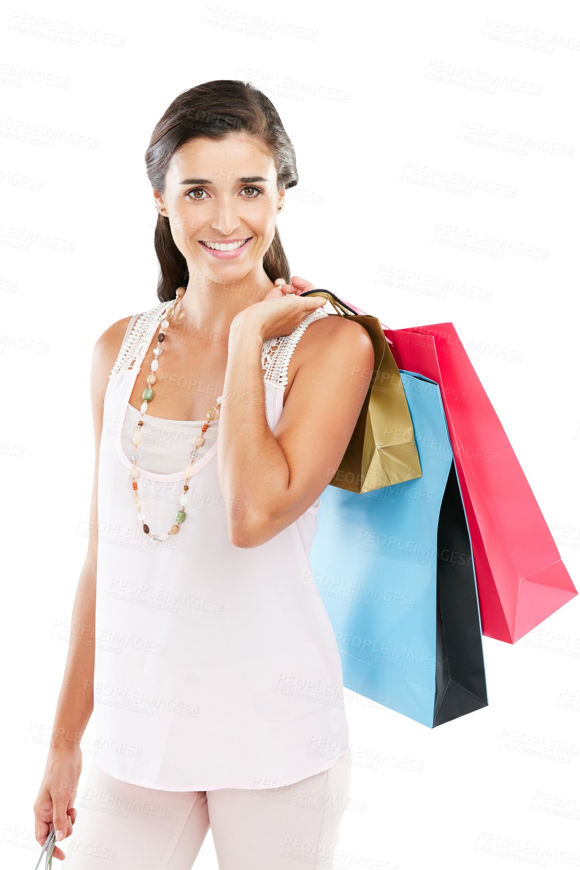 Buy stock photo Shopping bag, fashion and woman in portrait for sale or discount isolated on transparent, png background. Gift, giveaway and happy customer, model or person in USA with wealth for retail or clothes