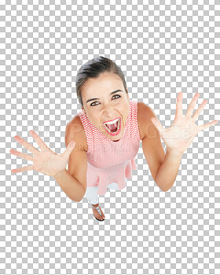 Buy stock photo Wow, surprise and woman in portrait for news, celebration or cheers of success, sale or winner above. Excited, voice and happy person or fashion model celebrate isolated on transparent png background