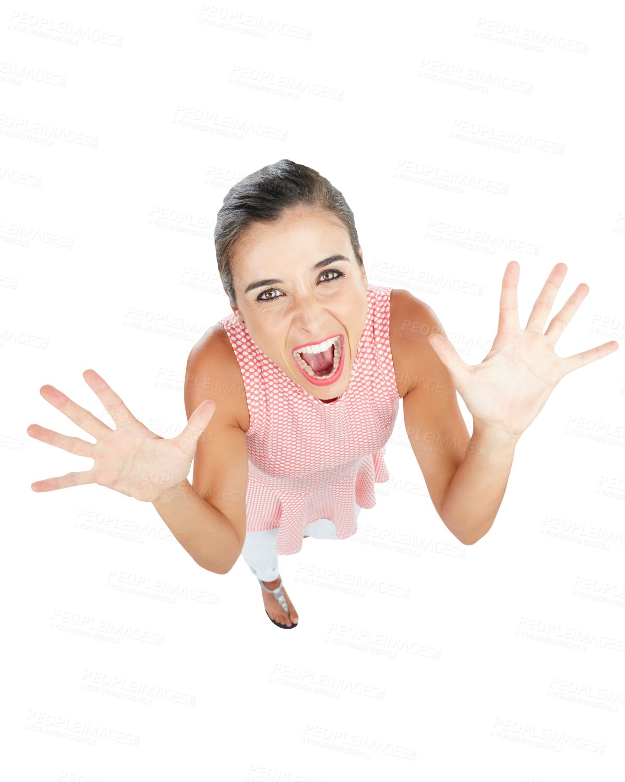 Buy stock photo Wow, surprise and woman in portrait for news, celebration or cheers of success, sale or winner above. Excited, voice and happy person or fashion model celebrate isolated on transparent png background