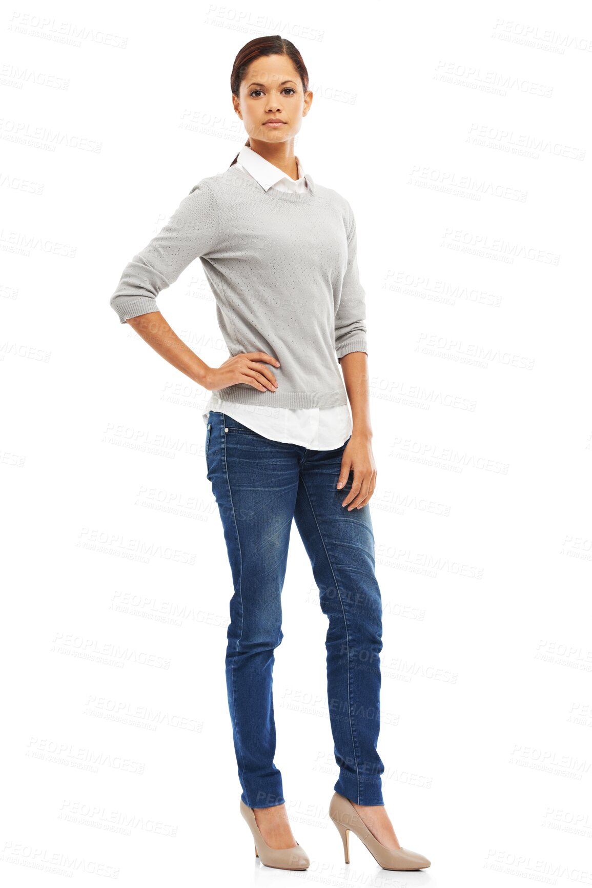 Buy stock photo Full body portrait of professional woman, creative with confidence and serious isolated on transparent png background. Casual work style, empowerment and power with startup female owner and pride