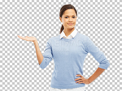 Buy stock photo Woman, hand and palm for advertising portrait of latino model isolated on transparent, png background. Young professional person with hands for marketing announcement, promotion or presentation