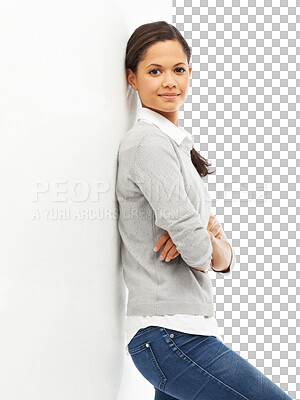 Buy stock photo Portrait, arms crossed and business woman to relax on break, working or standing with casual pose on transparent, isolated or png background. Consultant, agent or happy worker with confident mindset