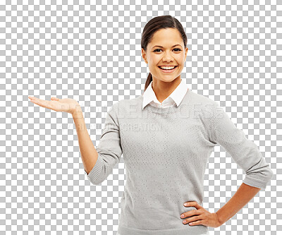 Buy stock photo Happy, portrait and woman with hand or palm for advertising isolated on transparent, png background. Happy female person with hands for business announcement, marketing or product presentation space
