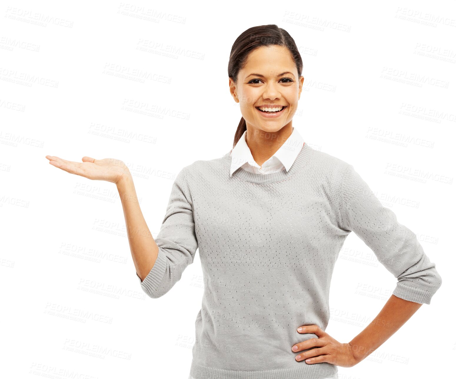 Buy stock photo Happy, portrait and woman with hand or palm for advertising isolated on transparent, png background. Happy female person with hands for business announcement, marketing or product presentation space
