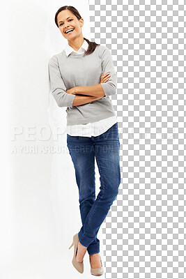 Buy stock photo Wall, mockup and woman, portrait and arms crossed isolated on transparent png background for advertising. Poster, space and happy creative person in jeans or fashion for presentation and confidence