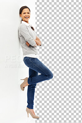 Buy stock photo Arms crossed, portrait or business woman to relax on break, working or standing with casual pose on transparent, isolated or png background. Consultant, agent or worker leaning with confident mindset