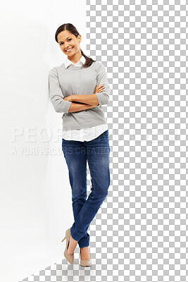 Buy stock photo Woman, poster and portrait with arms crossed, advertising and professional presentation. News, billboard and marketing signage with female presenter and mockup isolated on transparent png background