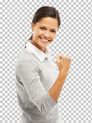 Buy stock photo Fist, success and portrait of business woman for celebration, cheers or winning in bonus, target or sales. Celebrate, yes and happy professional person in power isolated on transparent png background