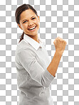 Celebration, happy and portrait of a businesswoman with a fist pump for success, achievement or goal. Winning, excited and professional female person cheering isolated by a transparent png background