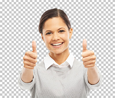 Buy stock photo Portrait, smile and woman with thumbs up for success isolated on a transparent png background. Face, like hand gesture and person with emoji for motivation, yes for support and thank you for feedback