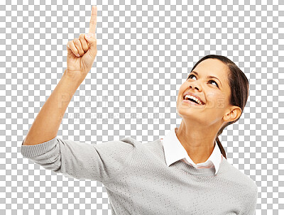 Buy stock photo Happy, pointing and idea with face of woman on transparent background for news, announcement and choice. Decision, direction and presentation with female person isolated on png for promotion and show