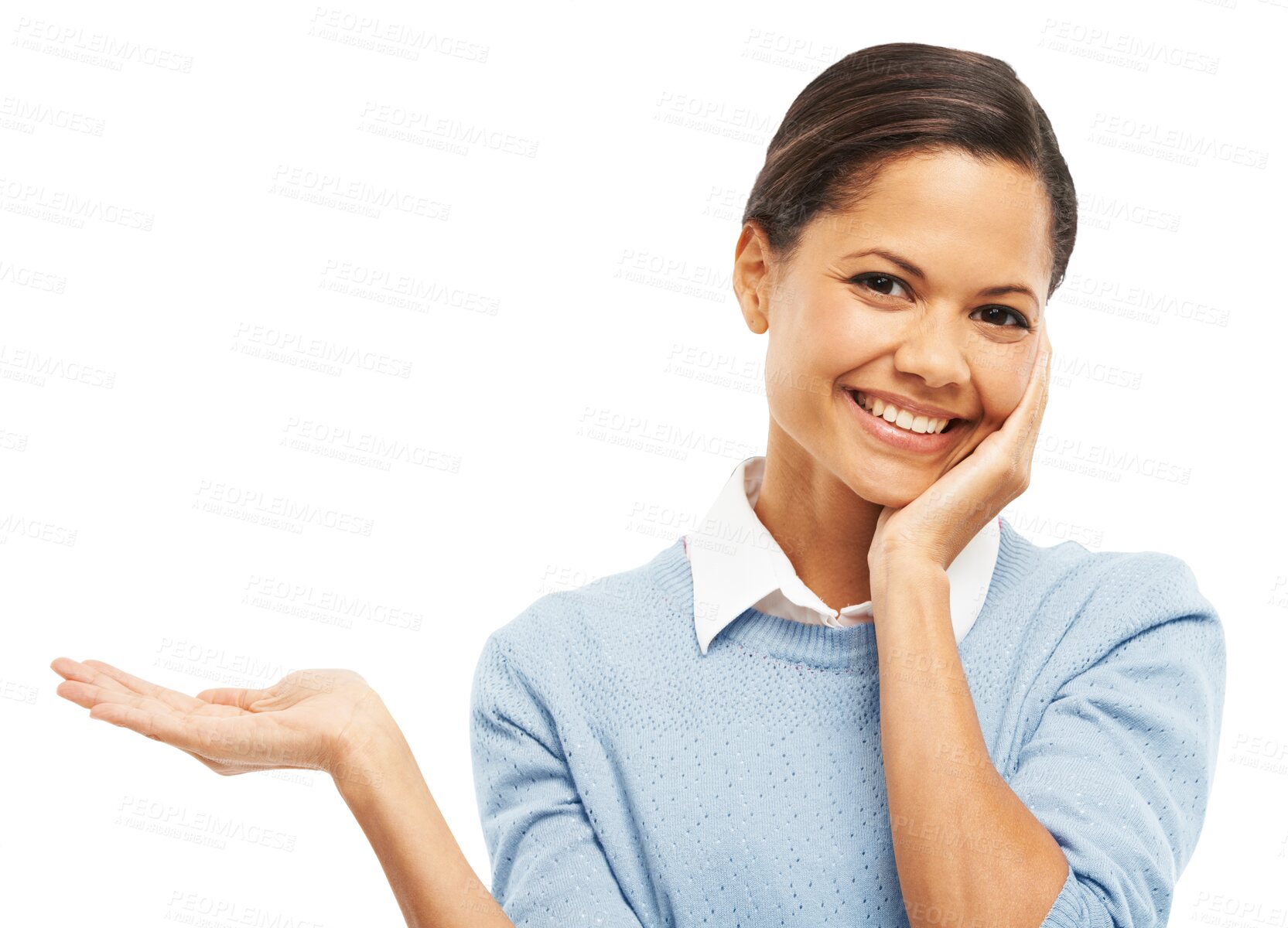 Buy stock photo Woman, hand and advertising portrait with palm isolated on transparent, png background. Face of happy female person with empty hands and a smile for marketing, promotion and product presentation