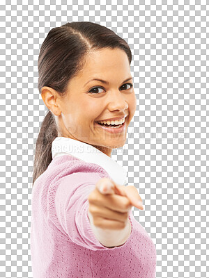 Buy stock photo Hiring, recruitment and portrait of woman with choice, pointing or choosing you and person recruiting on transparent, isolated or png background. Excited, employee and interview with human resources