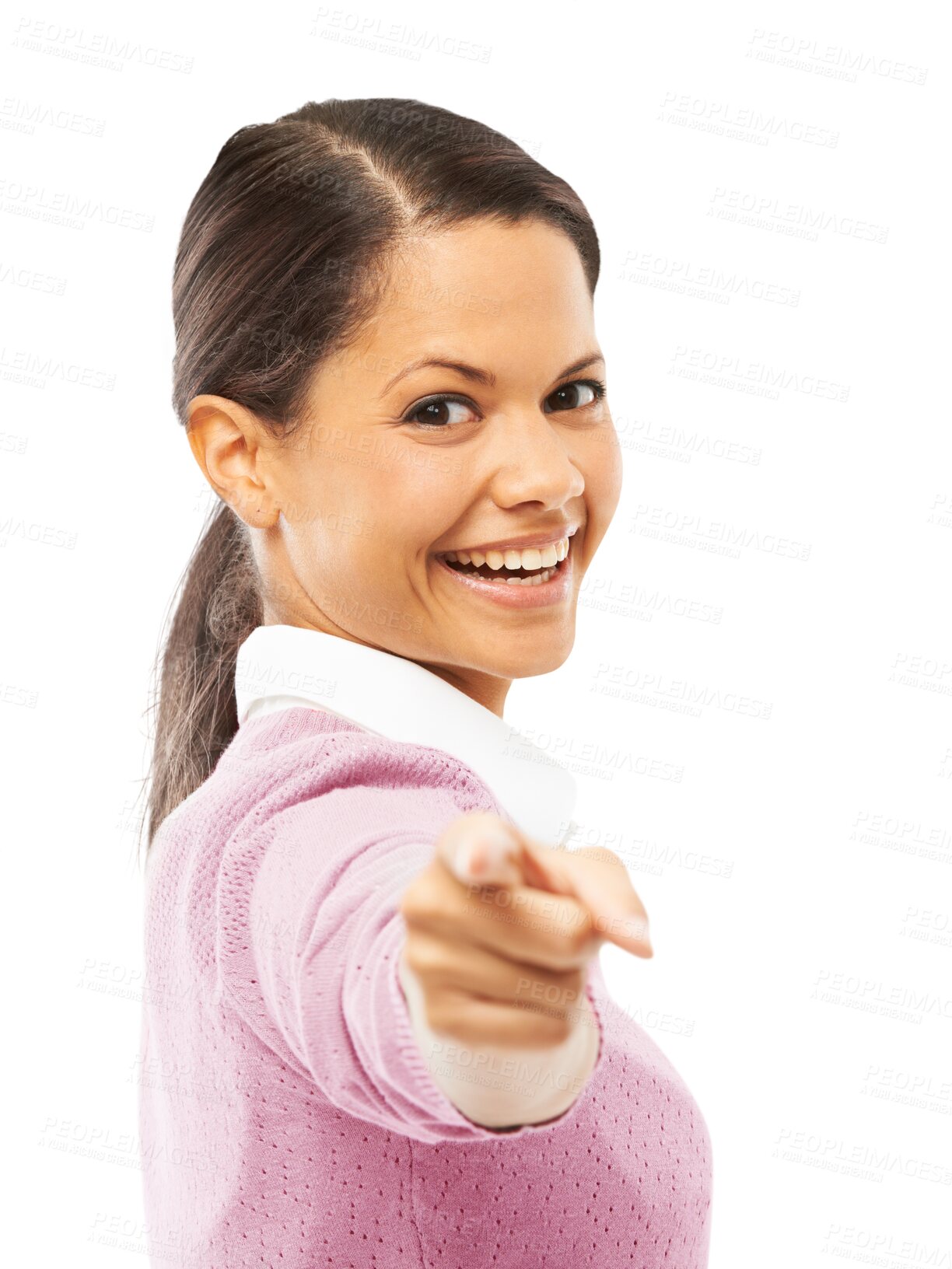 Buy stock photo Hiring, recruitment and portrait of woman with choice, pointing or choosing you and person recruiting on transparent, isolated or png background. Excited, employee and interview with human resources