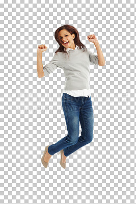 Buy stock photo Jump, winner and portrait of happy woman for success, cheers or celebration of fashion sales or freedom. Achievement, winning or excited person celebrate in air isolated on transparent png background