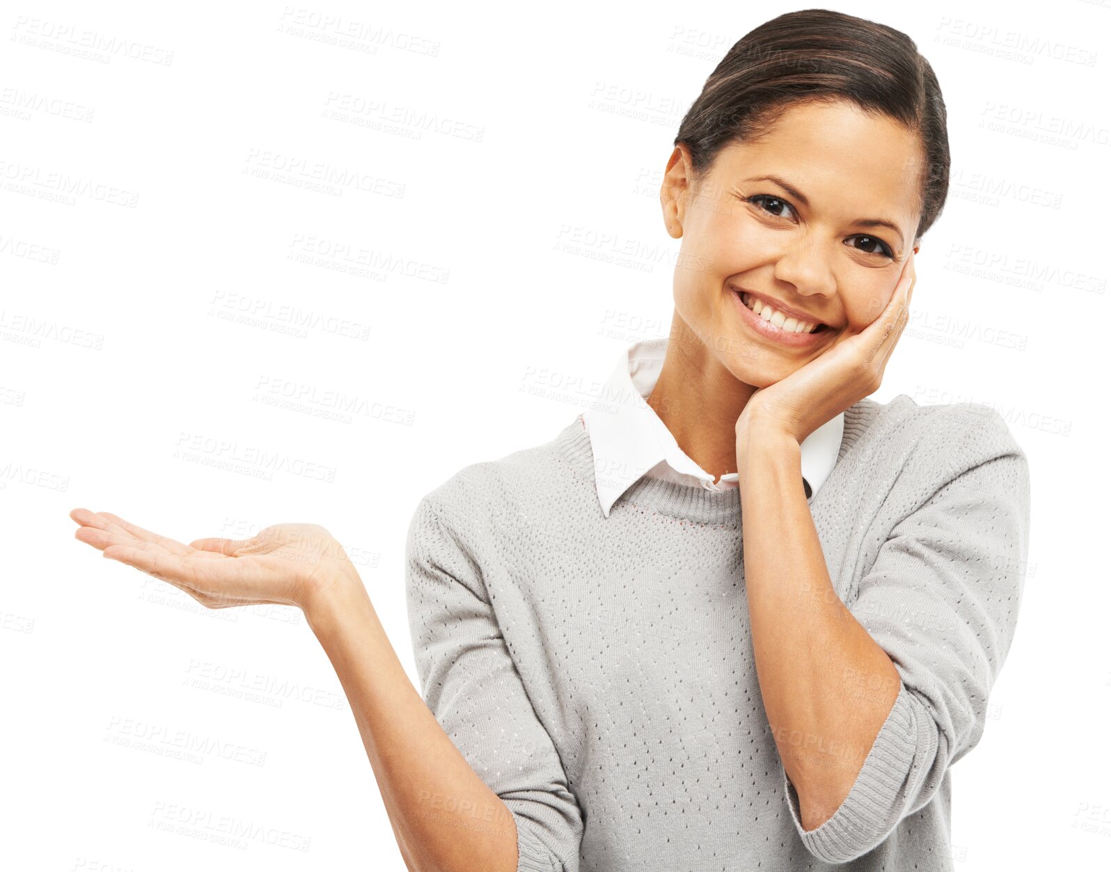 Buy stock photo Business woman, face and hand offer isolated on transparent png background, beauty choice or presentation. Happy portrait of skincare person or model with palm sign for giving or help in dermatology