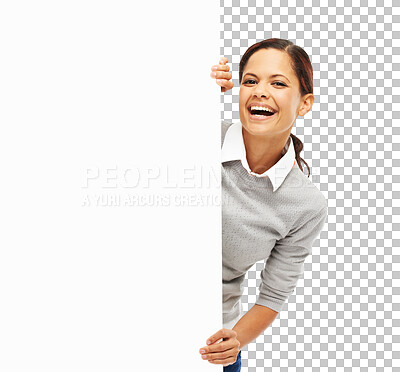 Buy stock photo Portrait, funny and woman looking behind banner isolated on a transparent png background. Mockup, happy and person peek from poster for advertising, marketing or copy space, branding and promotion.