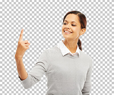 Buy stock photo Hand, business or happy woman with finger pointing up isolated on transparent png background. Professional person smiling with product promotion, offer or sign for announcement or logo advertising 