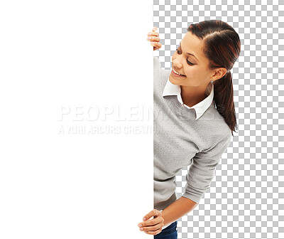 Buy stock photo Billboard, smile and woman behind banner sign isolated on a transparent png background. Mockup, happy and person peeking from poster for advertising, marketing or copy space, branding and promotion.