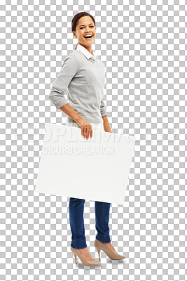 Buy stock photo Happy, laugh and woman with blank poster for advertising isolated on transparent, png background. Female person portrait with mockup paper, banner or sign for announcement, information or logo space
