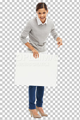 Buy stock photo Happy, woman and pointing at blank poster for advertising isolated on transparent, png background. Female person portrait with mockup paper, banner or sign for announcement, information or space
