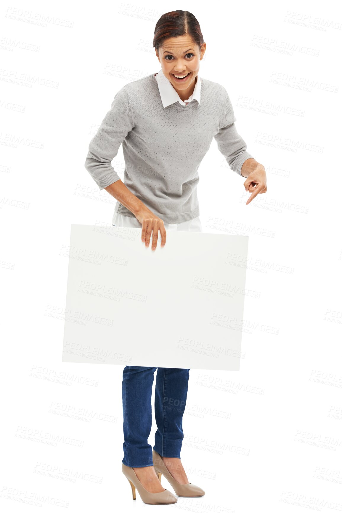 Buy stock photo Happy, woman and pointing at blank poster for advertising isolated on transparent, png background. Female person portrait with mockup paper, banner or sign for announcement, information or space
