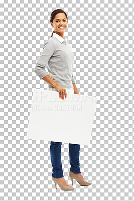 Buy stock photo Mockup, space and poster with portrait of woman on transparent background for show, promotion and idea. Card, sign and paper with female person isolated on png for announcement, logo and presentation