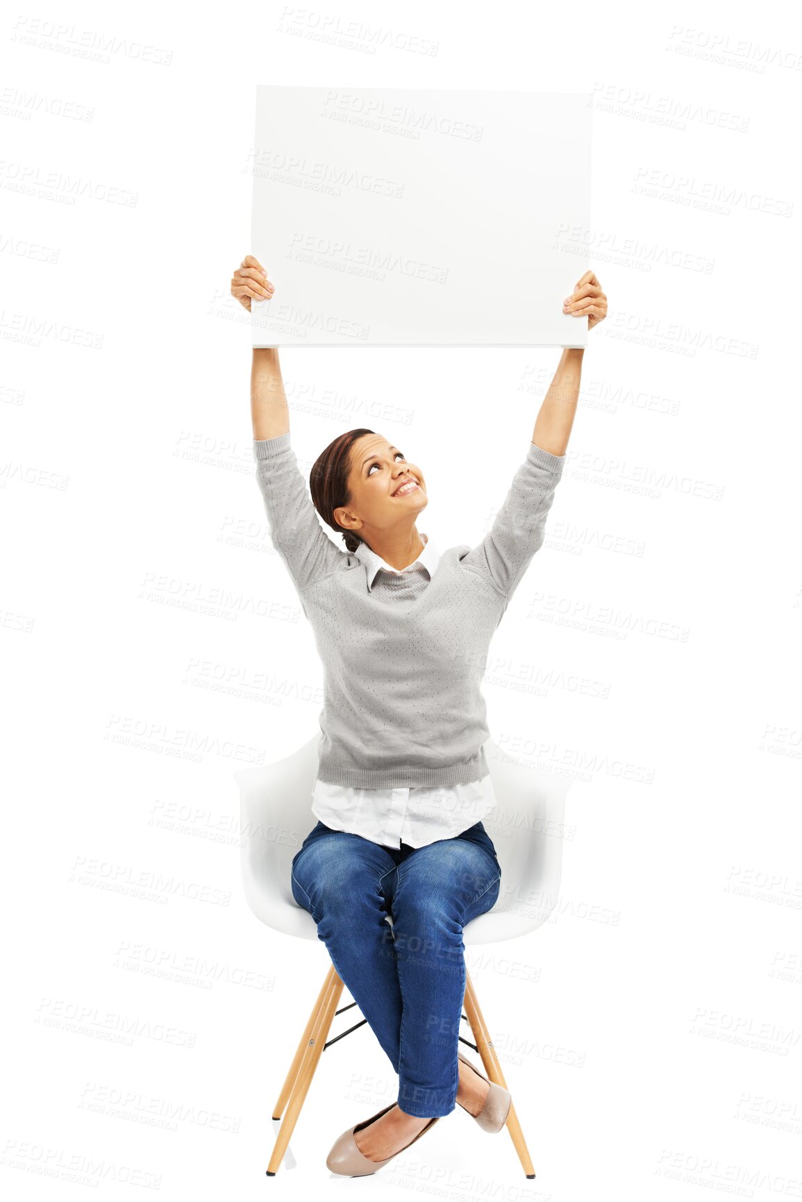 Buy stock photo Woman in chair, poster and advertising sign with information, card and communication. News, billboard and marketing signage with female presenter and mockup isolated on transparent png background