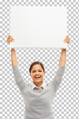 Buy stock photo Advertising, portrait of a woman with business poster and isolated against a transparent png background. Branding or marketing, promotion and happy female person with mockup for advertisement 