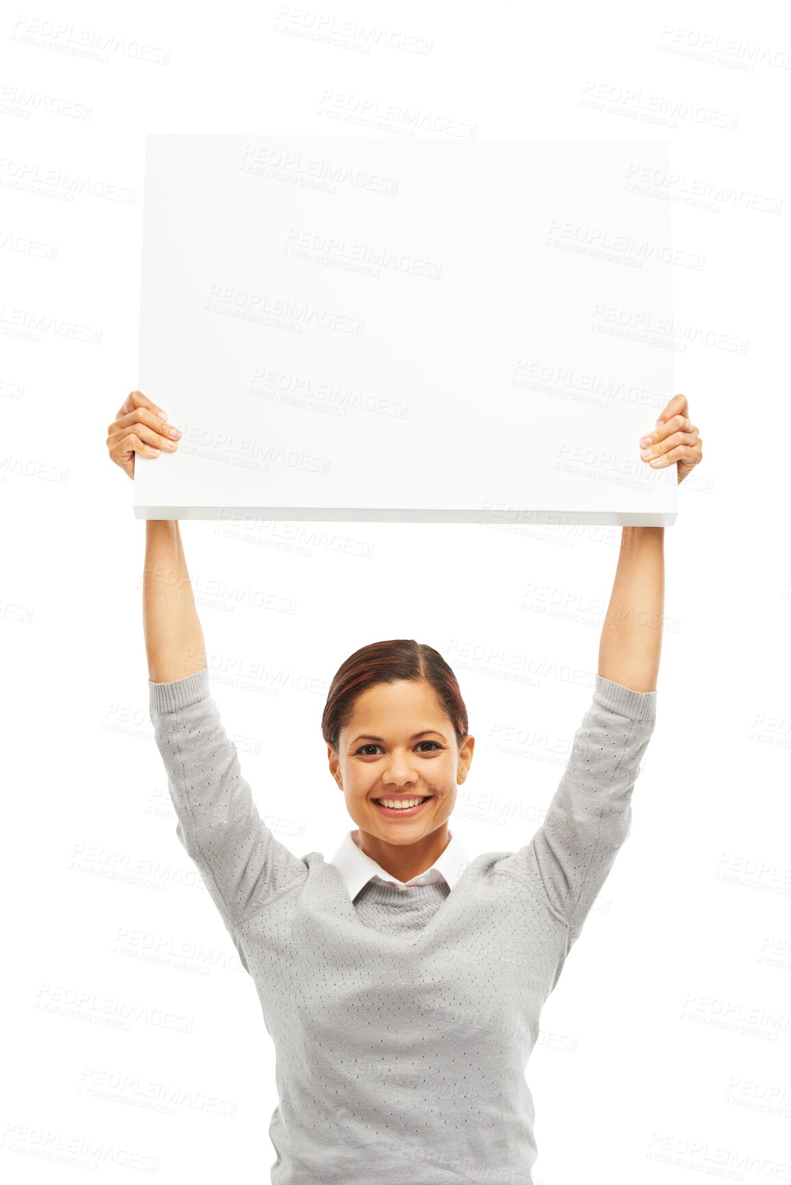 Buy stock photo Portrait, happy and woman with mockup poster isolated on a transparent png background. Face, smile and person holding banner sign for advertising, marketing or copy space, branding and promotion.