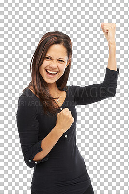 Buy stock photo Excited, fist pump and celebration, woman in portrait with reaction to announcement isolated on transparent png background. Winning, happiness and cheers, female person with success and achievement