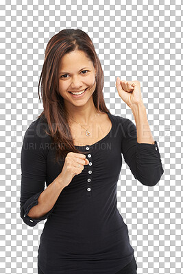 Buy stock photo Happy, portrait of a woman celebrating and isolated against a transparent png background winning. Happiness or cheerful, winner or success and female person with celebration for victory with a smile