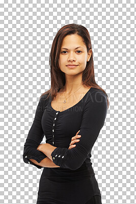 Buy stock photo Fashion, proud or portrait of woman with arms crossed isolated on transparent png background. Face, empowerment or confident female person smiling with elegance, elegant clothes or classy style 