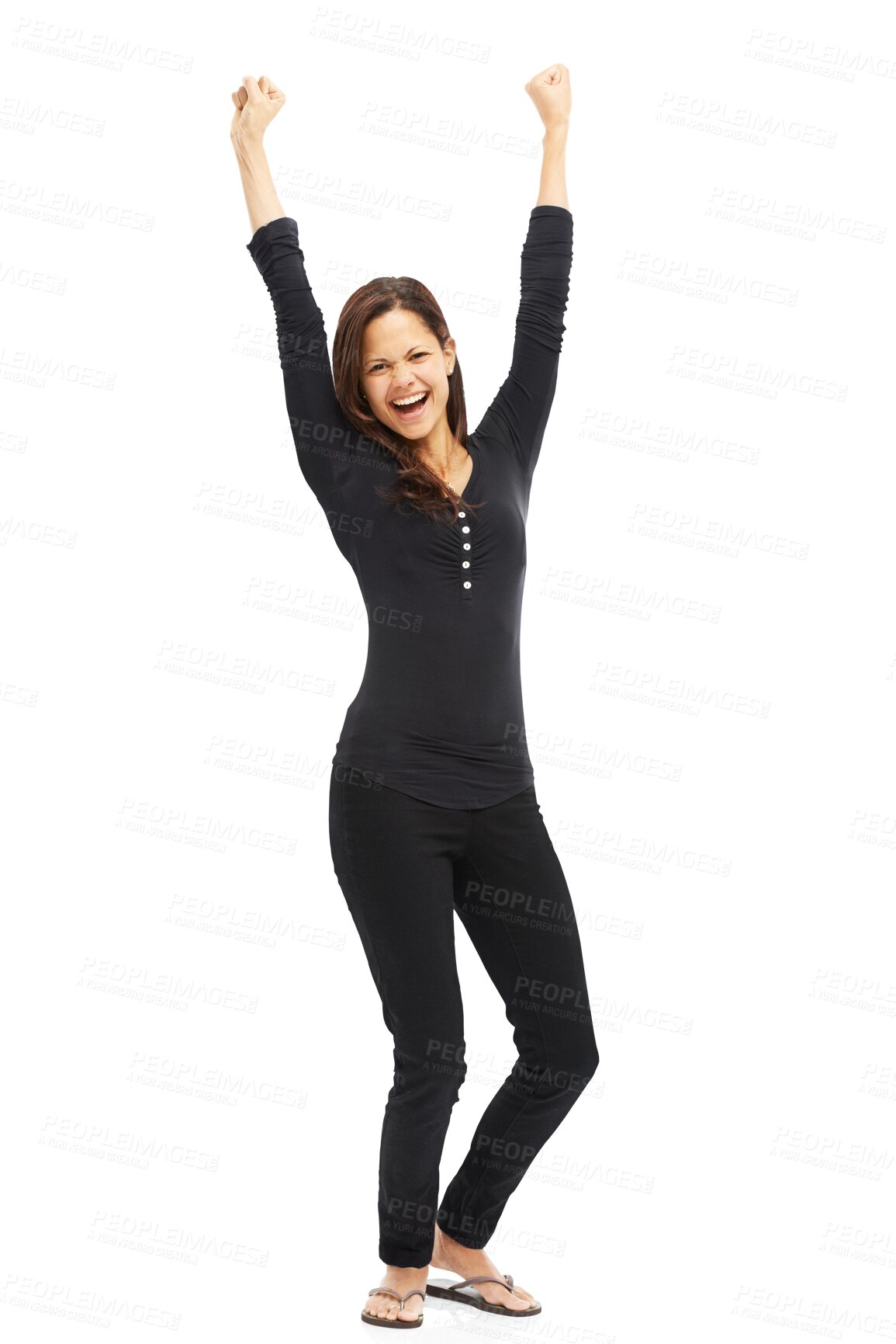 Buy stock photo Happy woman, portrait and fist in celebration for winning success isolated on a transparent PNG background. Excited female person in victory, achievement or win for bonus, deal or wow in promotion