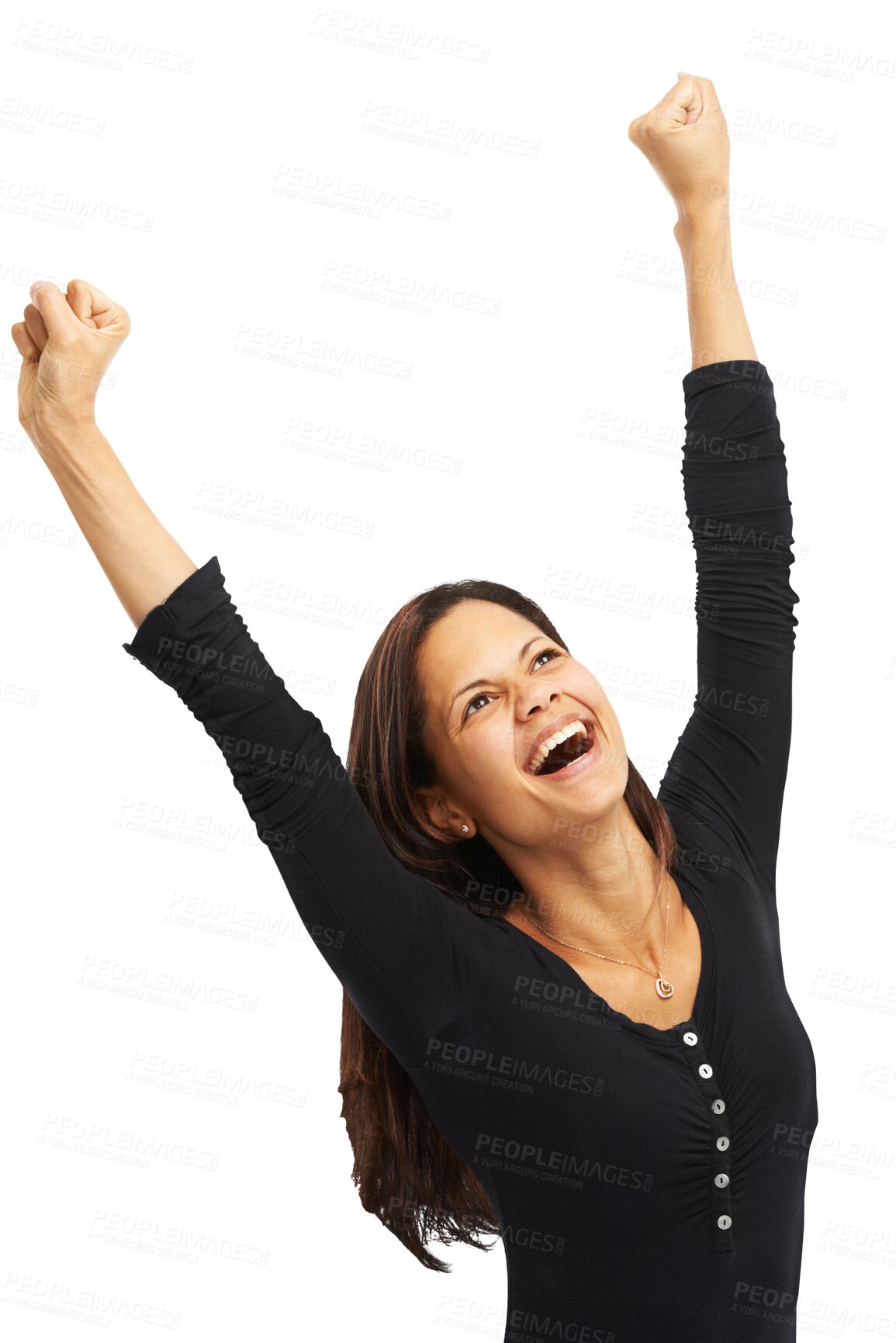 Buy stock photo Business woman, winner and yes for success, celebration and cheers for sales, bonus, winning or freedom. Hands in air, fist and person for power, wow or excited isolated on transparent png background