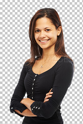 Buy stock photo Fashion, happy and portrait of woman with crossed arms on isolated, png and transparent background. Confidence, happiness and face of attractive female person with trendy, style and casual clothes