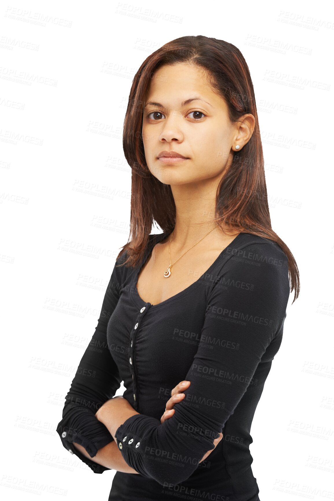 Buy stock photo Serious, fashion and woman confident with style clothes arms crossed isolated in a transparent or png background. Assertive, relax and portrait of a calm young female person with confidence