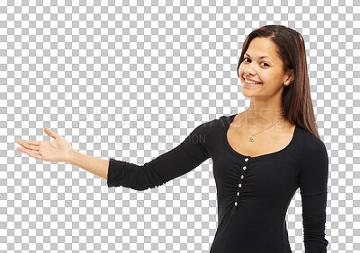 Buy stock photo Happy woman, portrait smile and hand out for advertising isolated on a transparent PNG background. Female person smiling and standing with hands showing advertisement for marketing or presentation