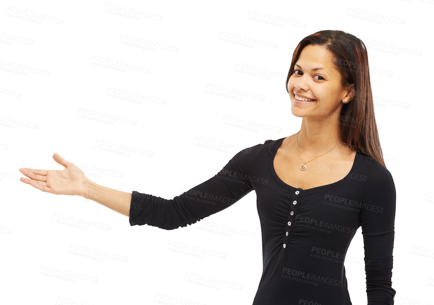 Buy stock photo Happy woman, portrait smile and hand out for advertising isolated on a transparent PNG background. Female person smiling and standing with hands showing advertisement for marketing or presentation