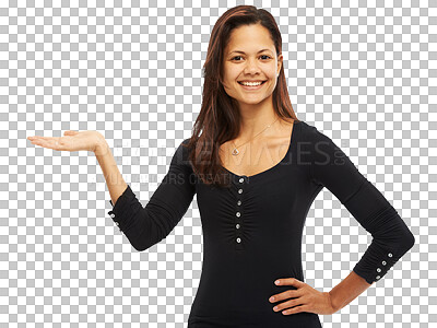 Buy stock photo ??Palm, offer and portrait of business woman isolated on transparent png background for choice or presentation. Decision, show and professional latino person with why, question or hand giving sign