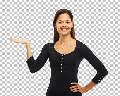 Buy stock photo ??Hand, offer and portrait of business woman isolated on transparent png background in choice or presentation. Decision, show and professional latino person with palm for why, question or giving sign