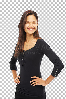 Buy stock photo Portrait, woman and happy with girl with confidence in png or isolated and transparent background. Girl, happiness and proud with hands on hip with stylish clothes and cool with positive mindset.