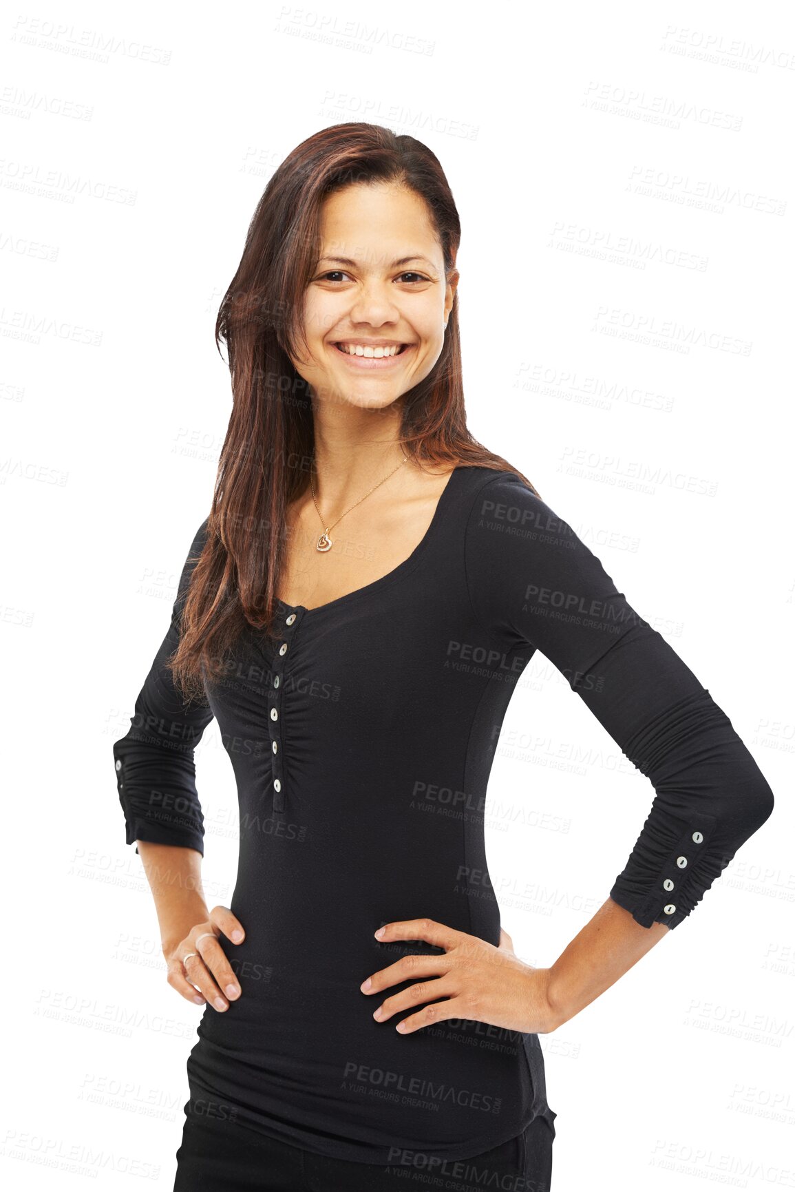 Buy stock photo Portrait, woman and happy with girl with confidence in png or isolated and transparent background. Girl, happiness and proud with hands on hip with stylish clothes and cool with positive mindset.