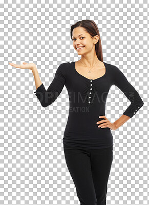 Buy stock photo Business woman, portrait and palm offer isolated on transparent png background for opportunity or presentation. Happy professional person or model with hand sign for giving, news or announcement