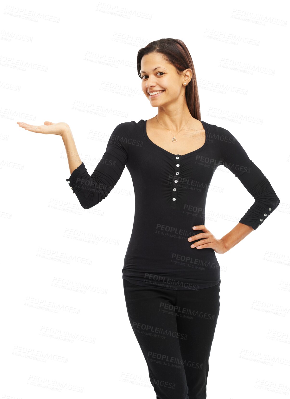 Buy stock photo Business woman, portrait and palm offer isolated on transparent png background for opportunity or presentation. Happy professional person or model with hand sign for giving, news or announcement