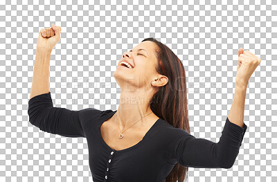 Buy stock photo Yes, happy success and woman for freedom, winning or cheers with bonus, sale or celebration. Celebrate, fist and excited person with wow, power and achievement isolated on transparent, png background